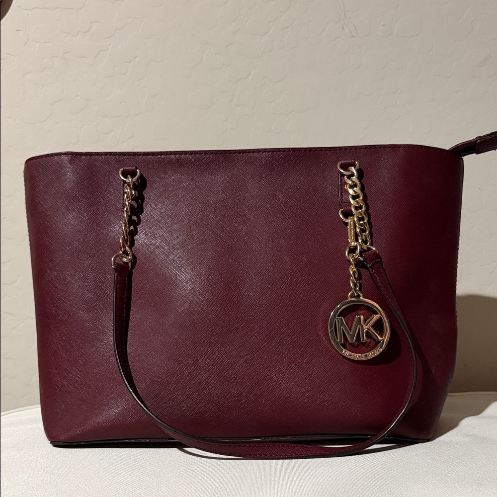 Michael Kors Burgundy Saffiano Leather Tote with Gold Hardware